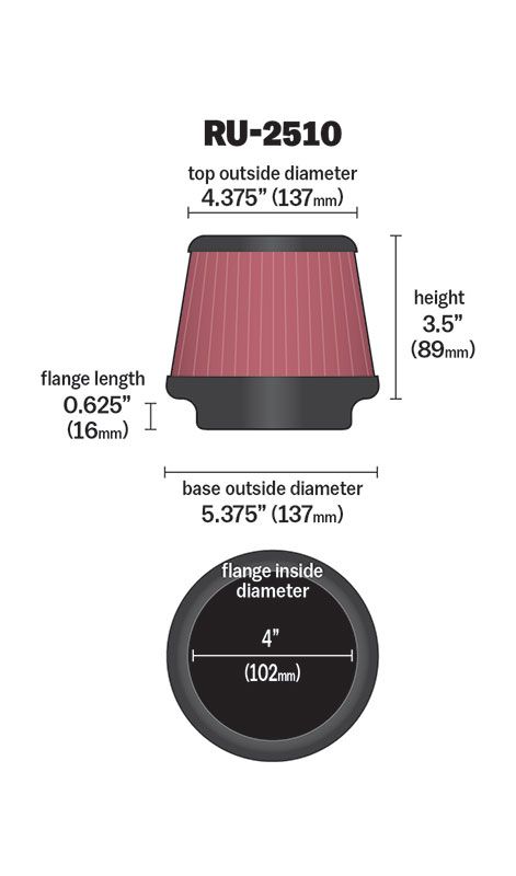 K&N RU-2510 UNIVERSAL Clamp-On Air Filter 4"FLG, 5-3/8"B, 4-3/8"T, 3-1/2"H (Фото-2)