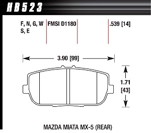 HAWK HB523F.539 Гальмівні колодки HPS задні для MAZDA MX-5 Miata 2.0 2006-08 (Фото-2)